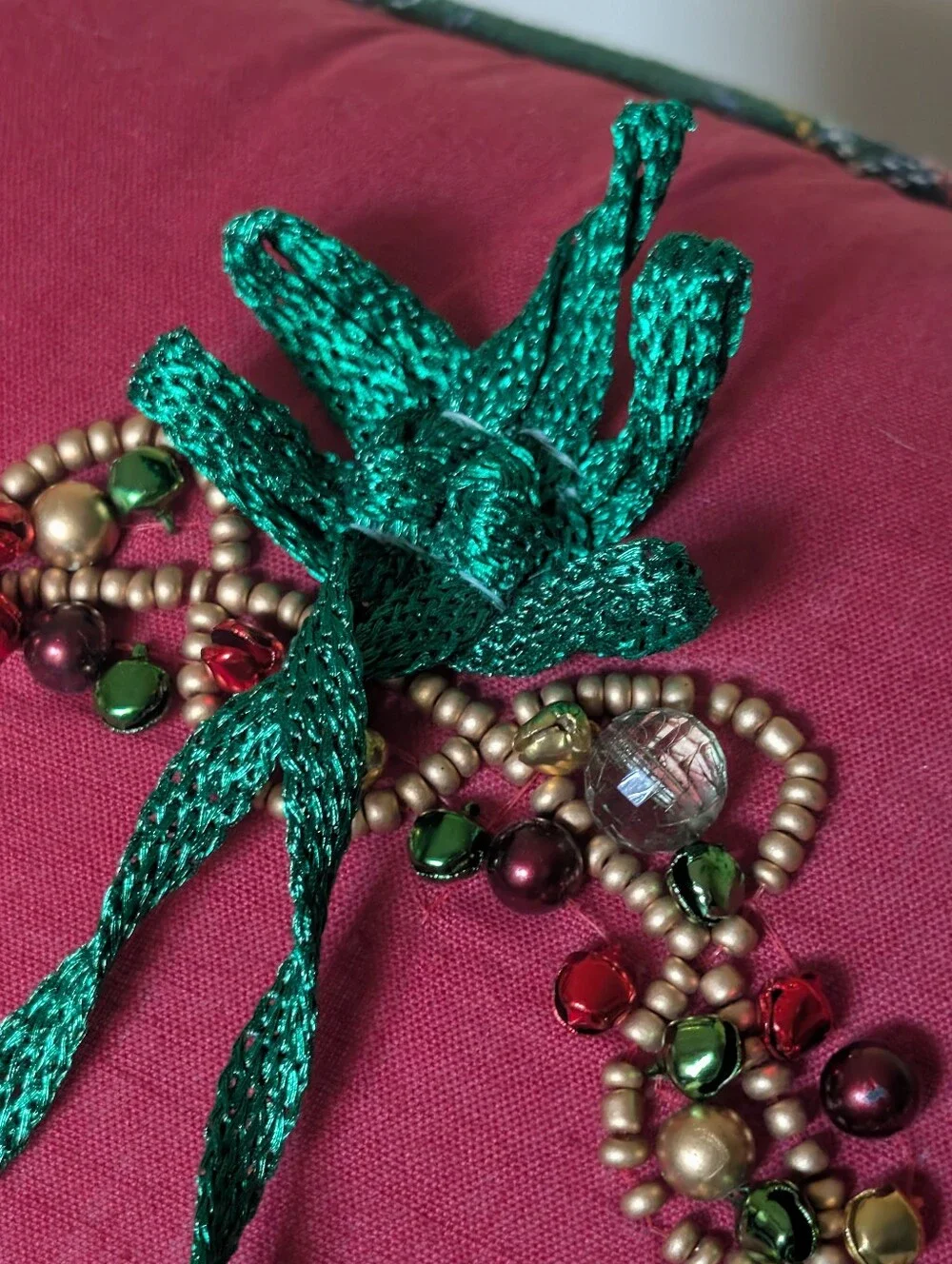 Vintage Pier 1 Beaded, Jingle Bells Tarten Plaid JOY Pillow Christmas Holiday